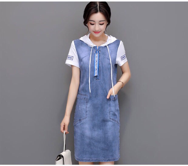 ĐẦM JEAN SUÔNG PHỐI TAY & NÓN TRẮNG